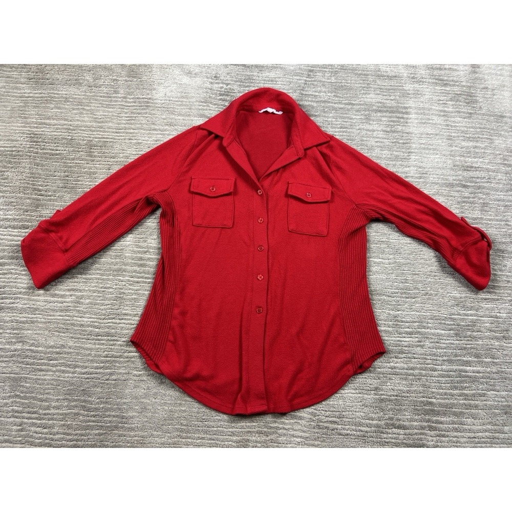 Kiss & Fly Top Womens Small Red Button Up Long Sleeve Knit Pockets Casual‎